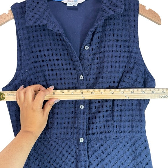 Boden Navy Eyelet Midi Dress Size 8 Long Button Front Sleeveless Cotton Office - Picture 4 of 9